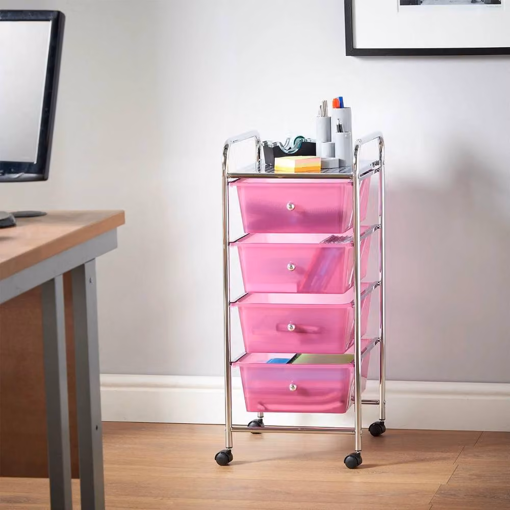 NESTLUNE Pink 4 Drawer Mobile Make Up and Home Office Trolley, W: 100 cm, D: 15 cm – 2