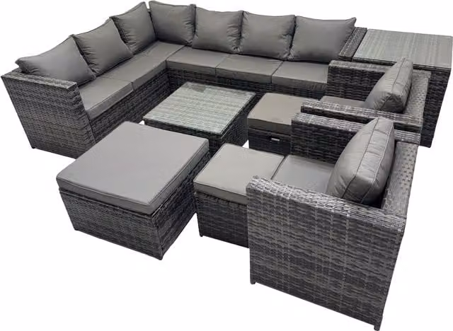 Fimous Modern L-Shape Patio Furniture Set in Dark Grey with Corner Sofa, 3 Footstools, Side Table and Matching Ottoman