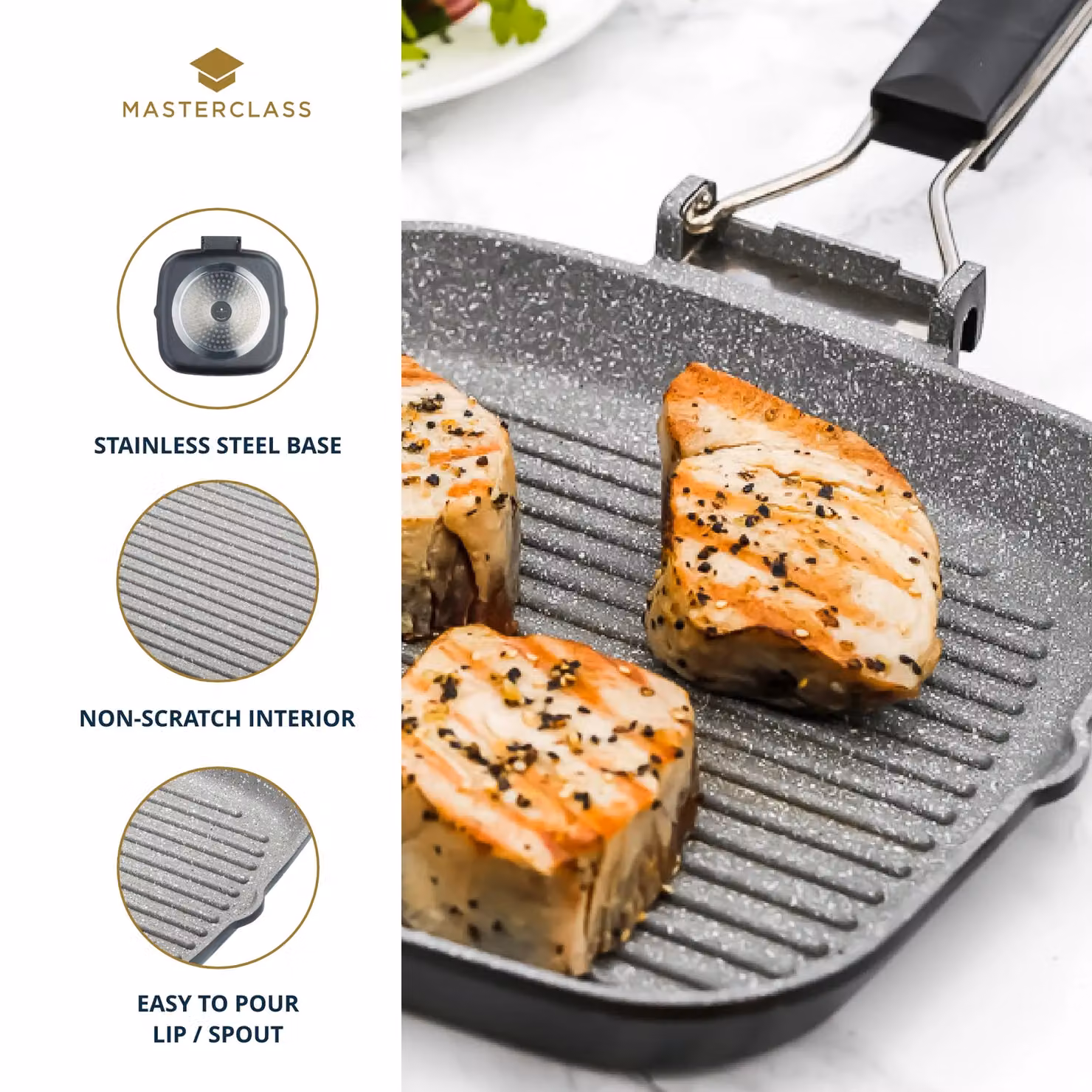MasterClass Cast Aluminium Ceramic Grill Pan with Removable Handle, Grey, Diameter: 20 cm – 4