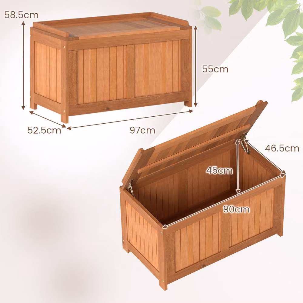 Gymax 190 L Brown Teak Wood Patio Storage Bench Flip Top Deck Box Outdoor Container Chest – 2