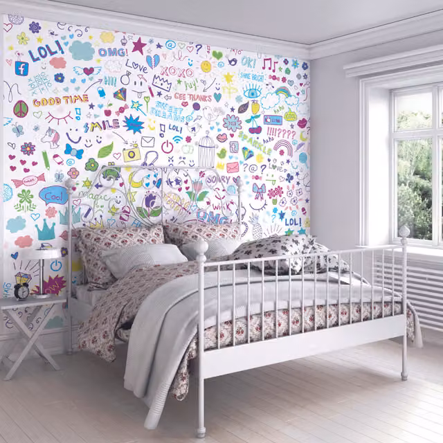 Origin Murals Social Doodle Abstract Wall Mural in White and Multicolour