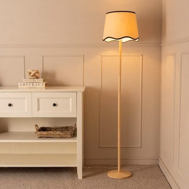 ValueLights Triston Natural Wood Floor Lamp with Black Scallop Trim Fabric Shade and LED Bulb – 1