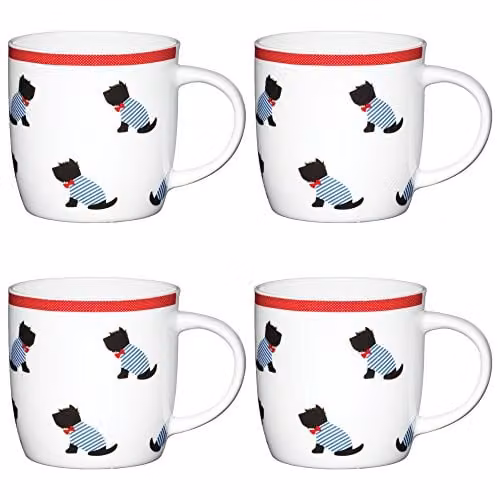 KitchenCraft Sitting Westies Dog-Patterned Fine Bone China Barrel Mugs, 425 ml, White (Set of 4) – 1