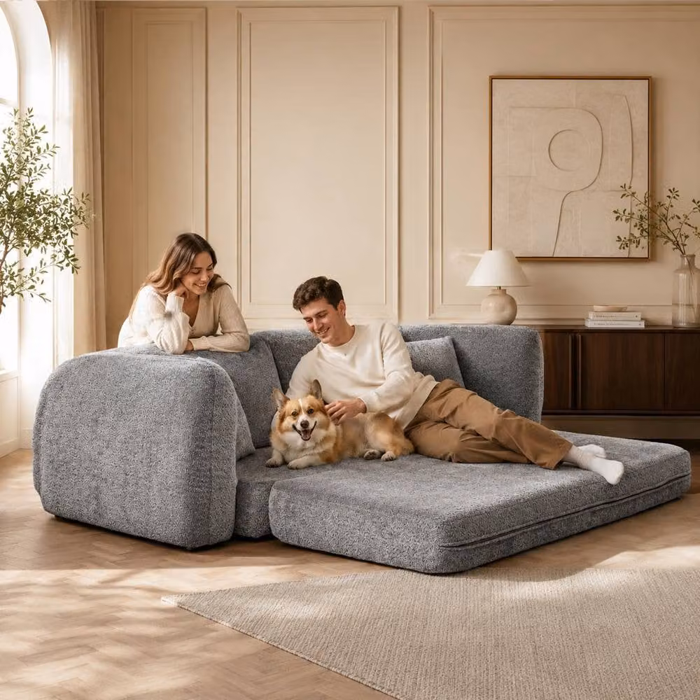 MIMO Grey Pull-Out Loveseat Sofa Bed with Lamb Fleece Fabric and 30D Foam – 2