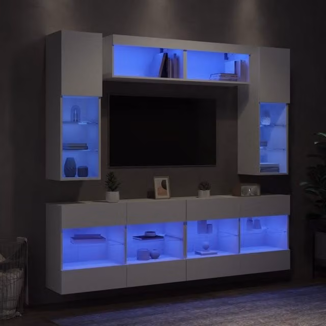 Berkfield Home 6 Piece Modern White TV Wall Cabinet and Lowboard Set with Integrated Lighting