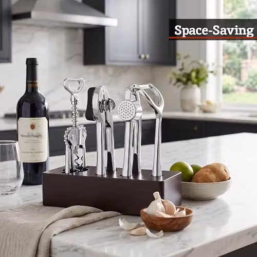 Premier Housewares 5-Piece Kitchen Gadget Set in Silver and Black with Wooden Stand – 3