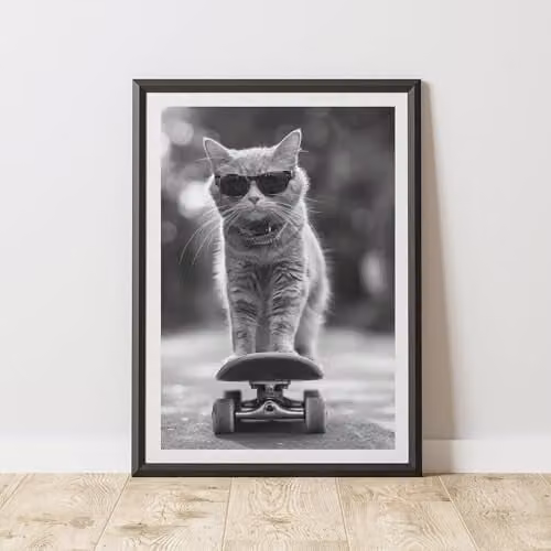 60 Second Makeover Cat Skateboarding Paper Poster, A4, Multicolour