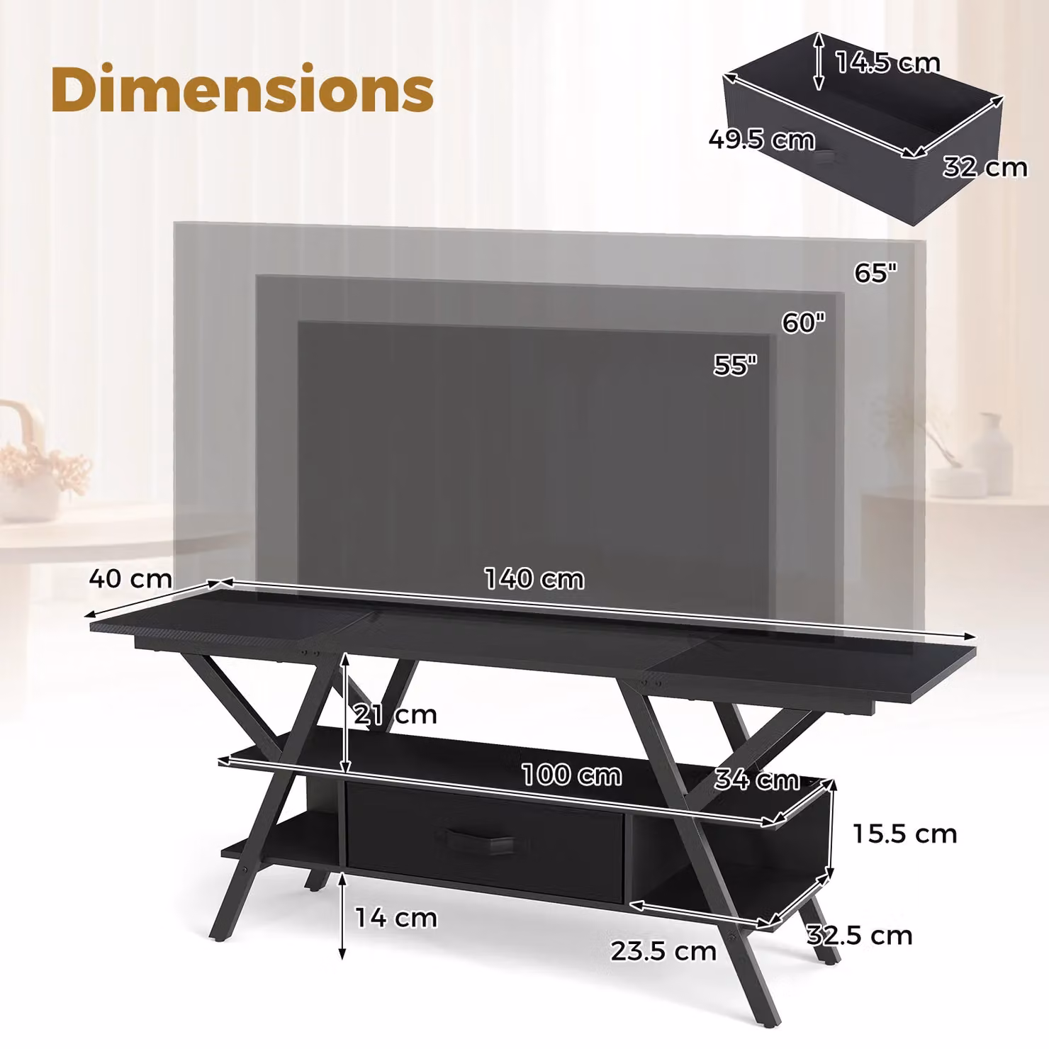 Gymax 3-Tier Modern TV Stand for up to 65 inch TVs with Integrated LED Lights and Power Outlets in Black – 2