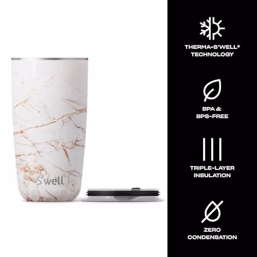 S'well Calacatta Gold Tumbler with Lid, 530ml, White and Gold – 4