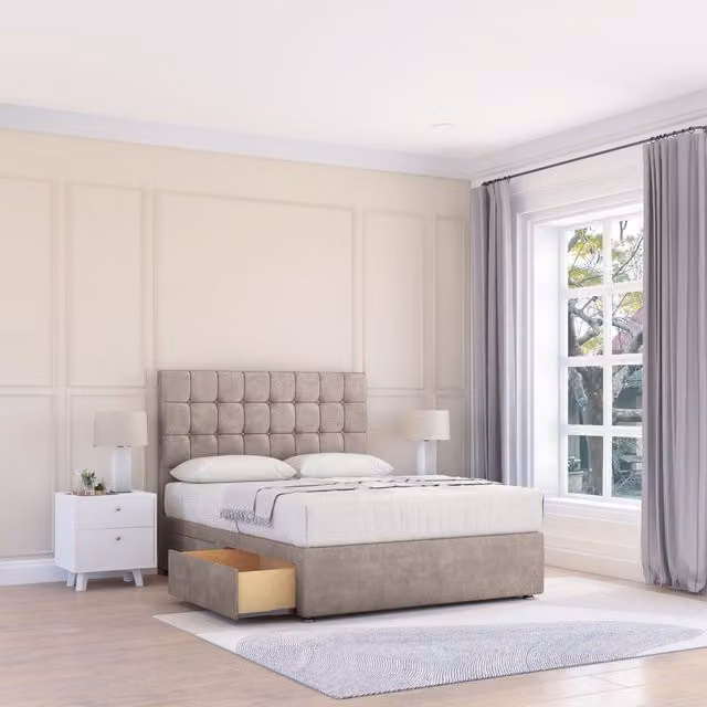 Sloomy Alabama Double Divan Bed Base with 2 Drawers and Floor Standing Headboard in Beige Fabric, W/D/H: 140 x 200 cm