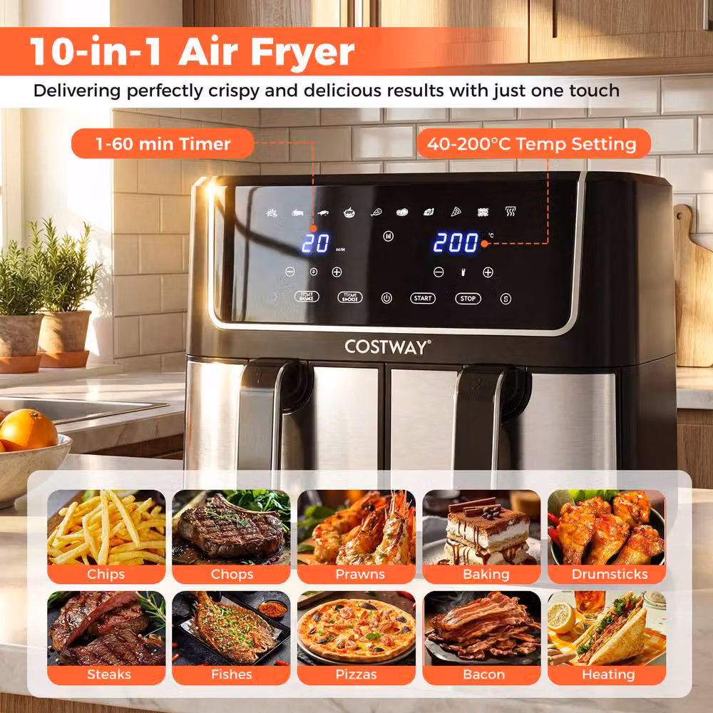 Costway 2100W Dual-Zone Air Fryer Oven with 8L Capacity and 10 Presets in Black – 8