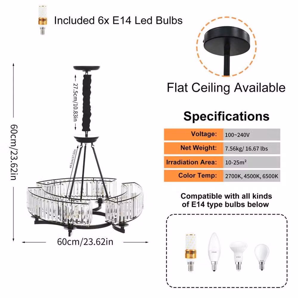 FLAVORA Modern Farmhouse Crystal Chandelier in Black Antique Metal with Transparent Crystals, Diameter: 60 cm – 2