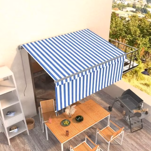 Berkfield Home Manual Retractable Awning with Blind, Blue and White Striped, W: 300 cm, D: 250 cm