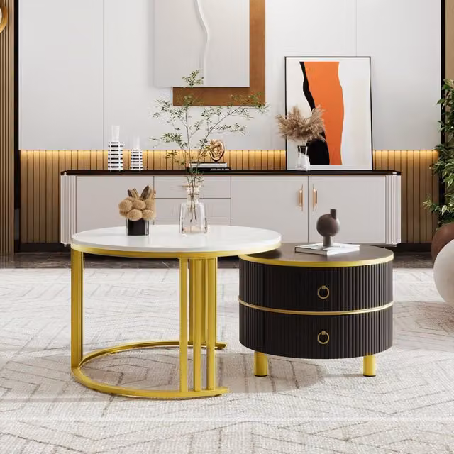 Aosom UK 2-in-1 Round Coffee Table Set with High-Gloss Tops and 2 Drawers, White and Black, W: 70 cm, D: 70 cm, H: 46 cm