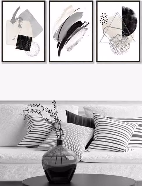 ARTZE Abstract Geometric Watercolour Shapes Framed Wall Art in Black, Grey and Ivory, W: 53 cm, H: 73 cm, D: 2 cm