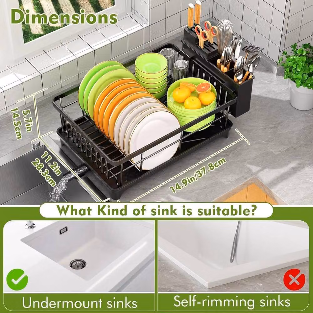 VOGREX Space Saving Kitchen Counter Dish Drainer Rack in Black, W/D/H: 37.8 x 28.3 x 14.5 cm – 2