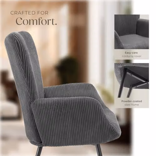 tectake Hygge Corduroy Armchair in Scandinavian Style with Foam Padding and Metal Frame, Anthracite/Black/Grey – 8