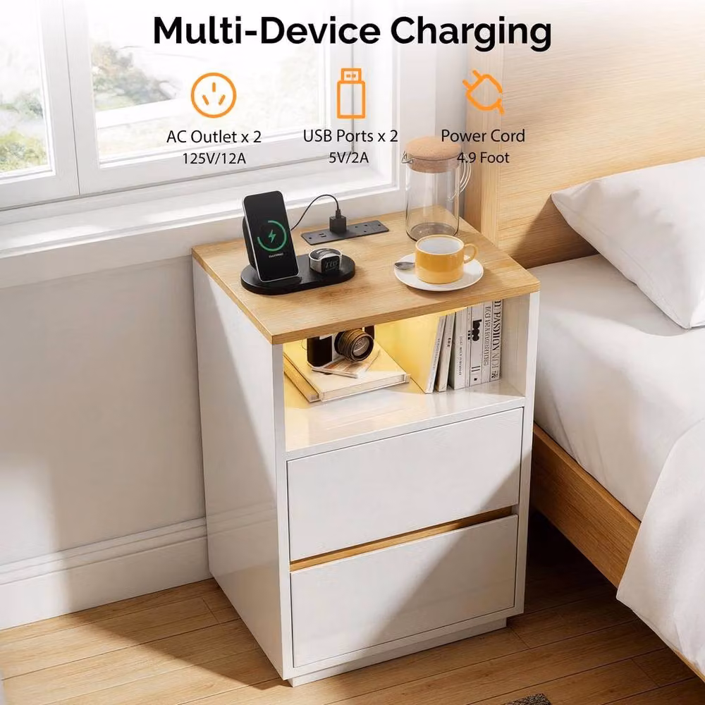 FORGEVIO Modern White High Gloss Bedside Table with Integrated LED Lighting – 2
