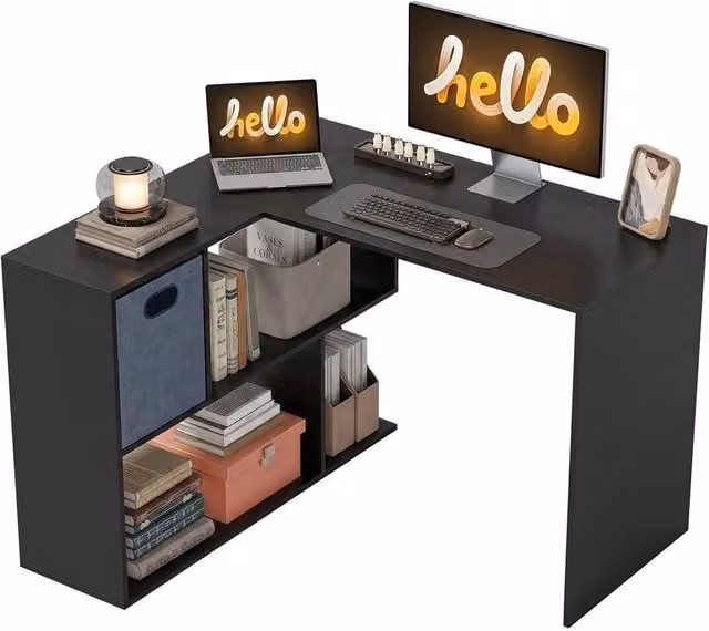 FORGEVIO Black L-Shaped Corner Computer Desk with Fabric Drawer