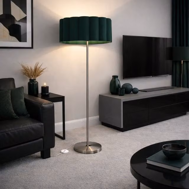 CGC Lena Brushed Nickel Straight Floor Lamp with Large Scalloped Forest Green Fabric Lampshade