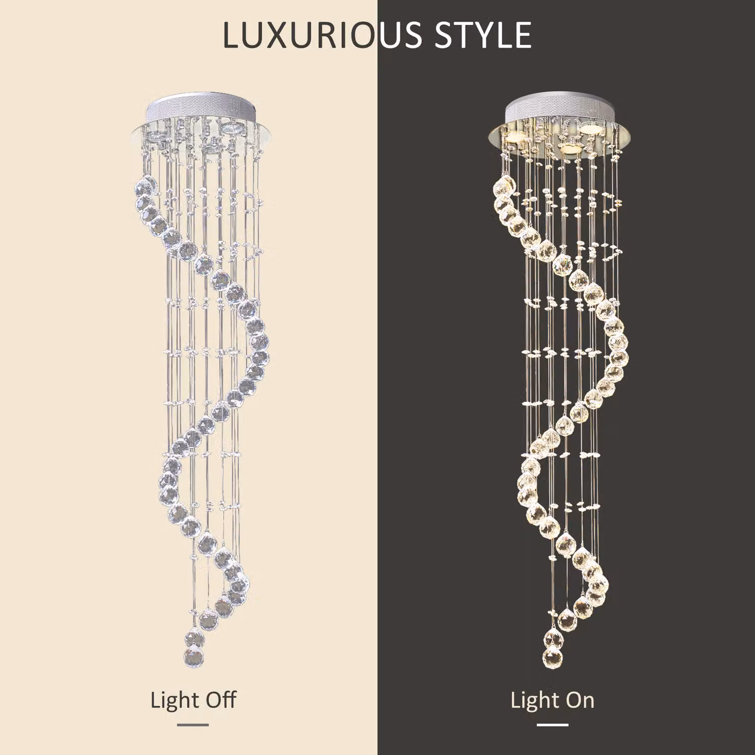 HOMCOM Modern Crystal Droplet Spiral Cascading Chandelier Ceiling Light, Silver/Chrome, W: 30 cm, H: 120 cm – 3