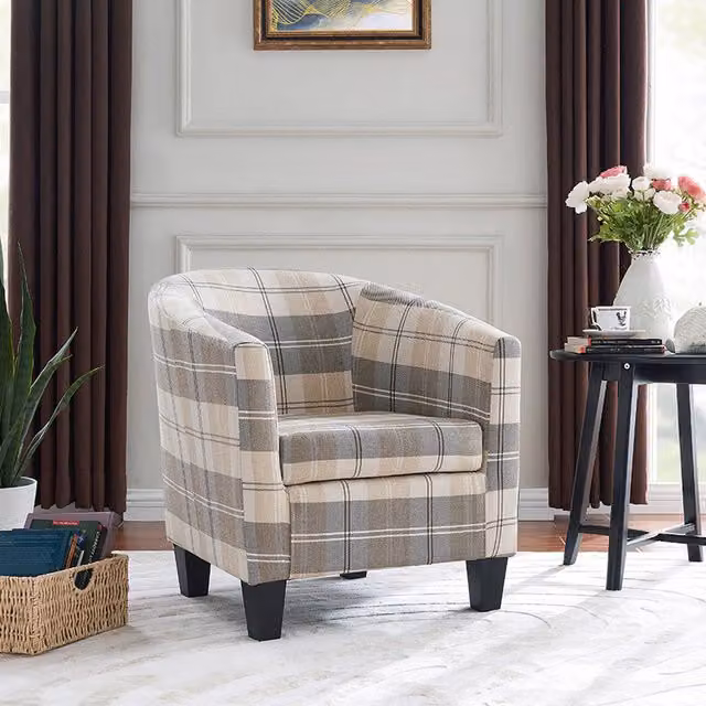 Home Detail Canberra Beige Checked Fabric Tub Accent Chair with Solid Wood Frame and Armrests – 1