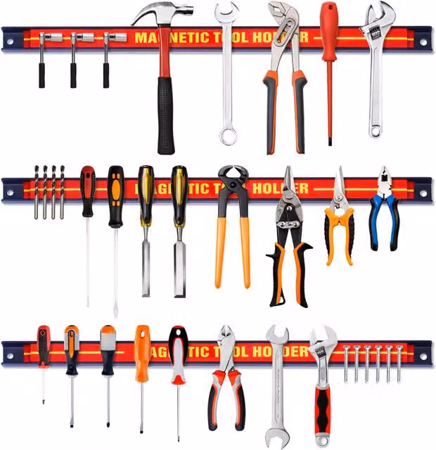 Costway Set of 3 Magnetic Tool Strip Holders, Red Wall Mounted Steel Garage Rail and Bits Storage Rack