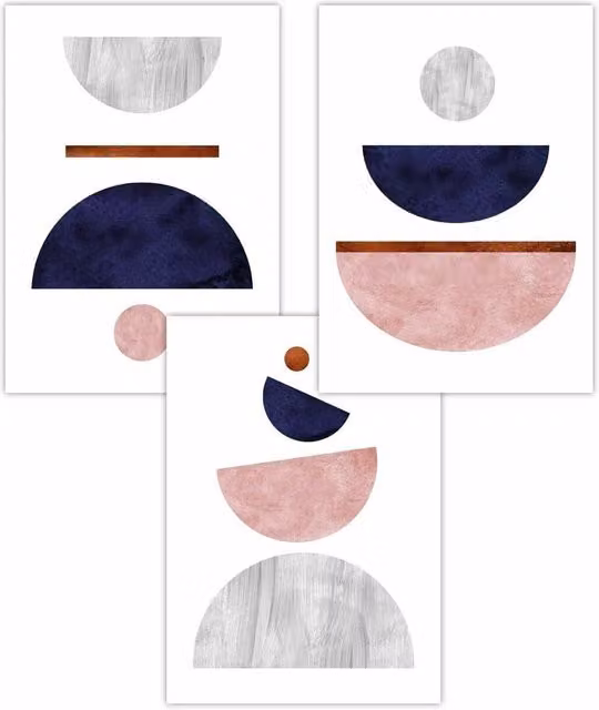 ARTZE Set of 3 Mid Century Abstract Geometric Wall Posters in Blue, Pink, Grey and Red, W: 50 cm x H: 70 cm