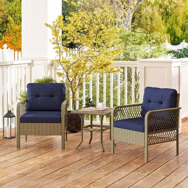 Outsunny 3 Piece Blue PE Rattan Bistro Set with Metal and Glass Details
