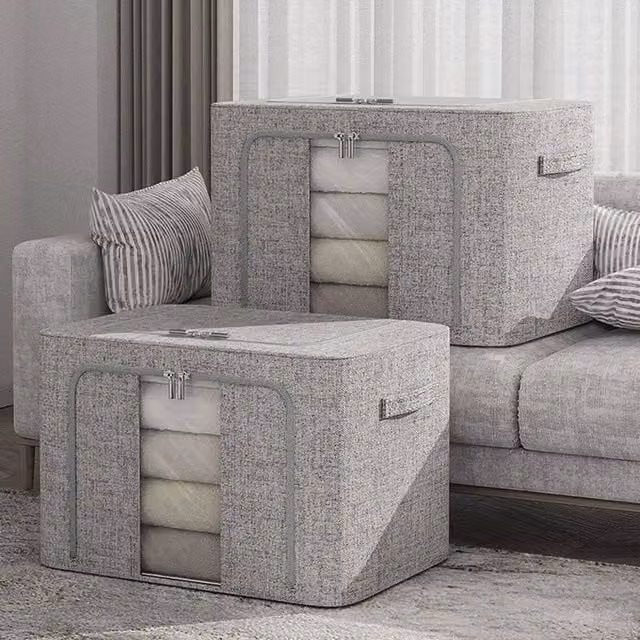EONLION 24L Foldable Fabric and Metal Clothes Storage Box in Grey and Transparent, W: 50 cm, H: 50 cm, D: 50 cm