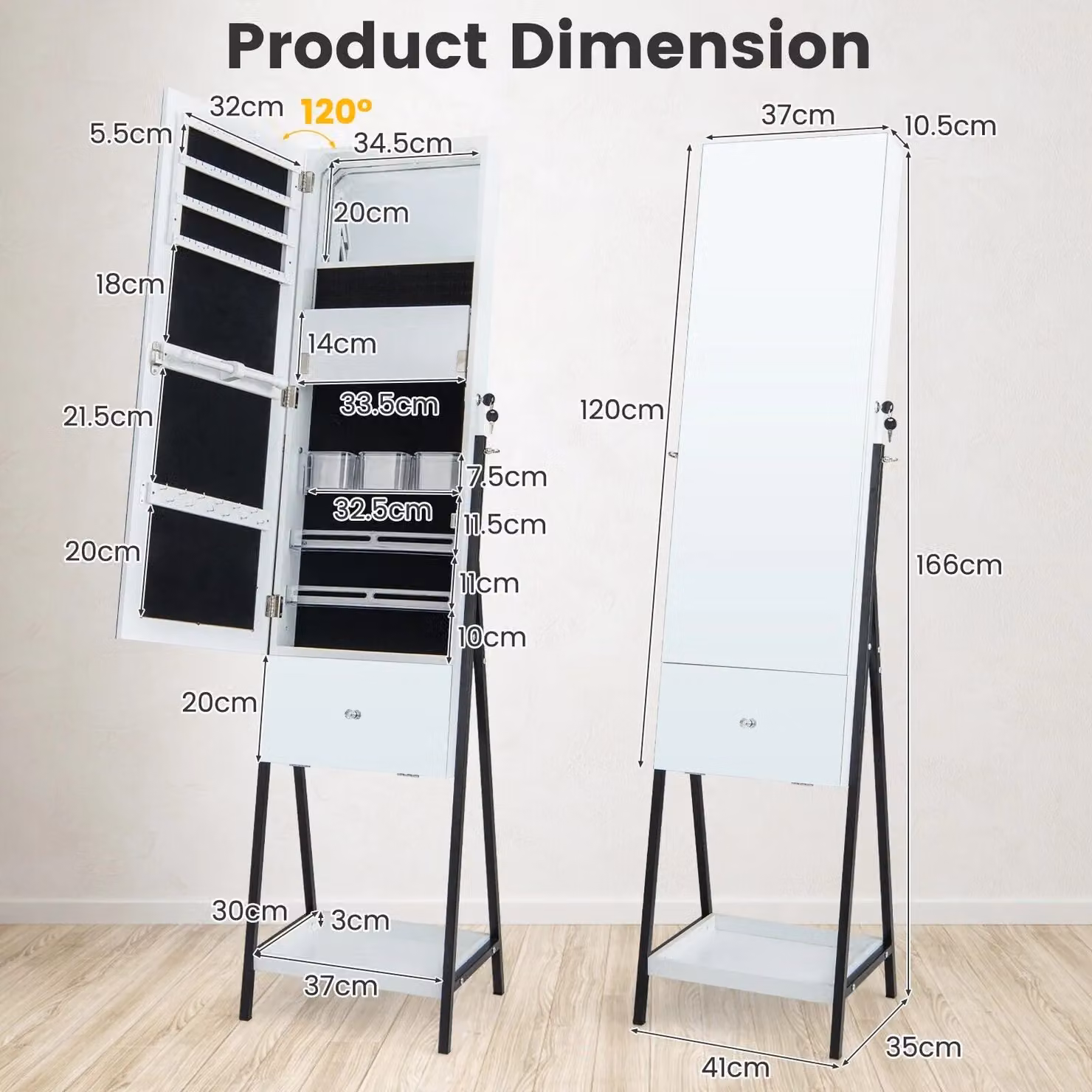 Costway White Jewelry Cabinet Armoire with Full-Length Frameless Mirror, LED Makeup Mirror and Lock – 2