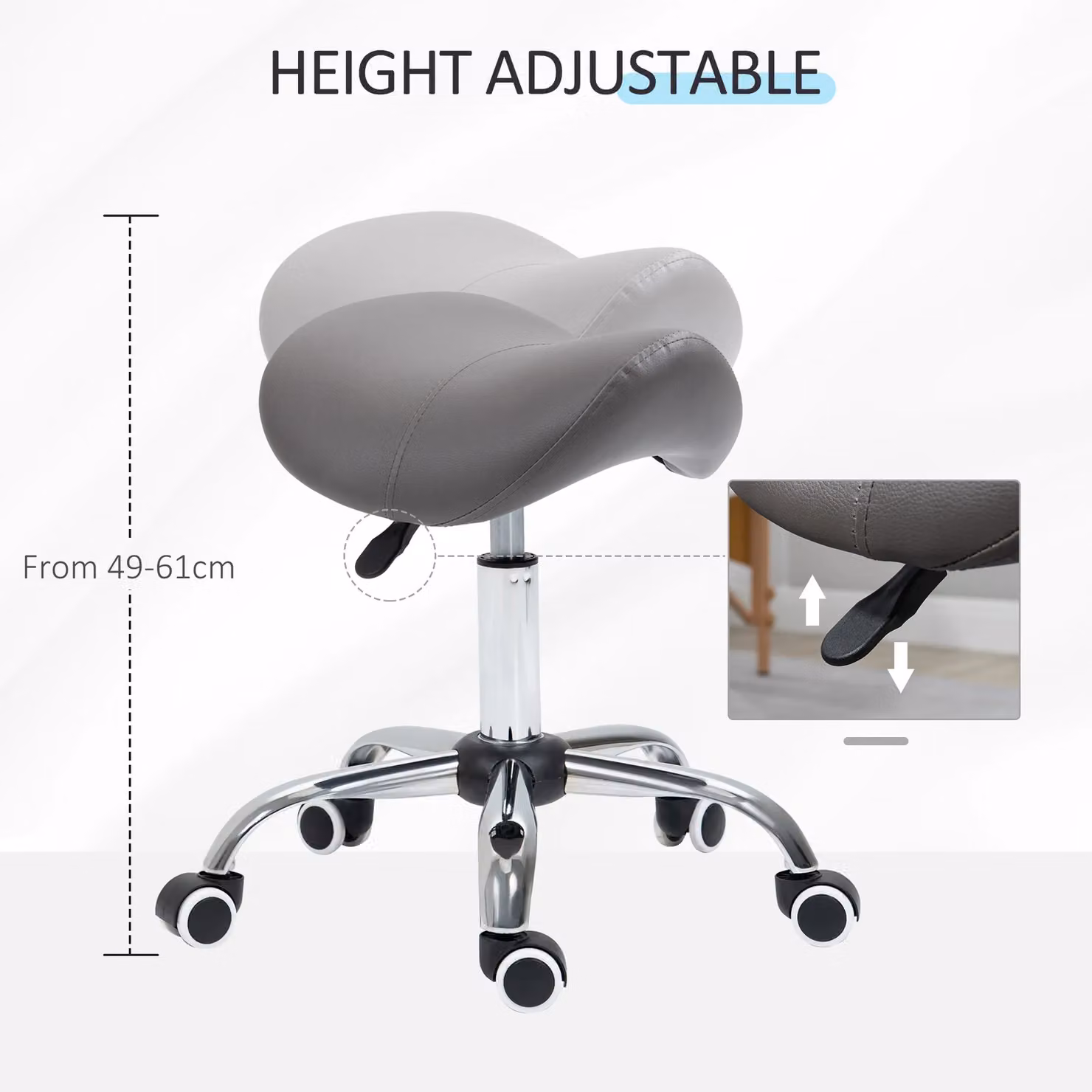HOMCOM Grey PU Leather Saddle Stool with Moulded Padded Seat and Adjustable Height – 3