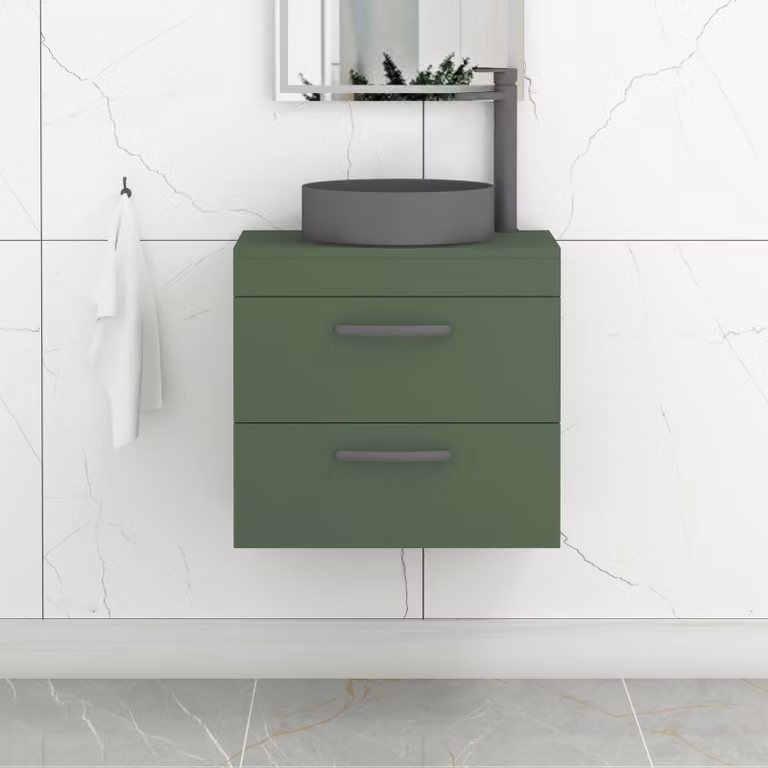 Royal Bathrooms Turin 600mm Wall Hung Vanity Unit with 2 Drawers and Art Round Countertop Basin in Matt Green with Matt Black Handles