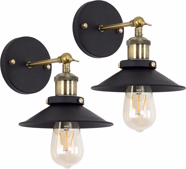 ValueLights Pair of Industrial Style Black and Antique Brass Metal Cone Wall Lights