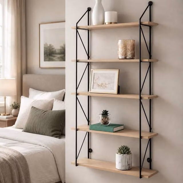 SPOT ON DEALZ 5 Tier Modern Black Wall Mounted Floating Shelves with Oak MDF and Metal Wire Frame