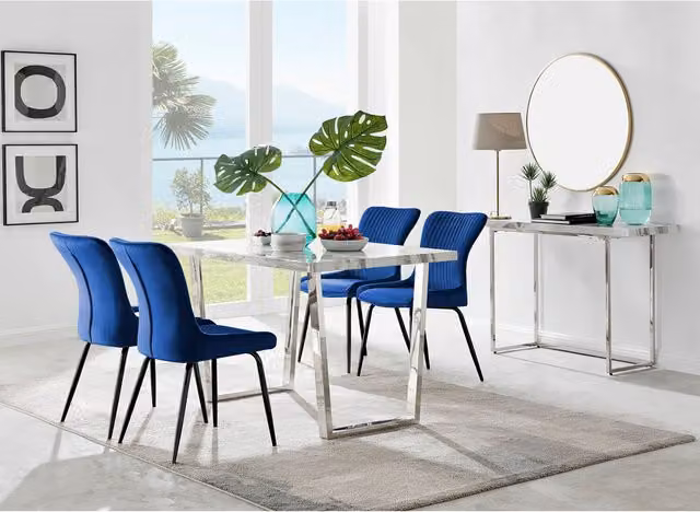 FurnitureboxUK Kylo White Marble Effect Dining Table and 4 Nora Blue Upholstered Chairs