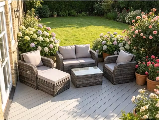 Fimous Rattan Garden Furniture Set with Coffee Table and Footstool in Dark Grey with Galvanised Steel Frame