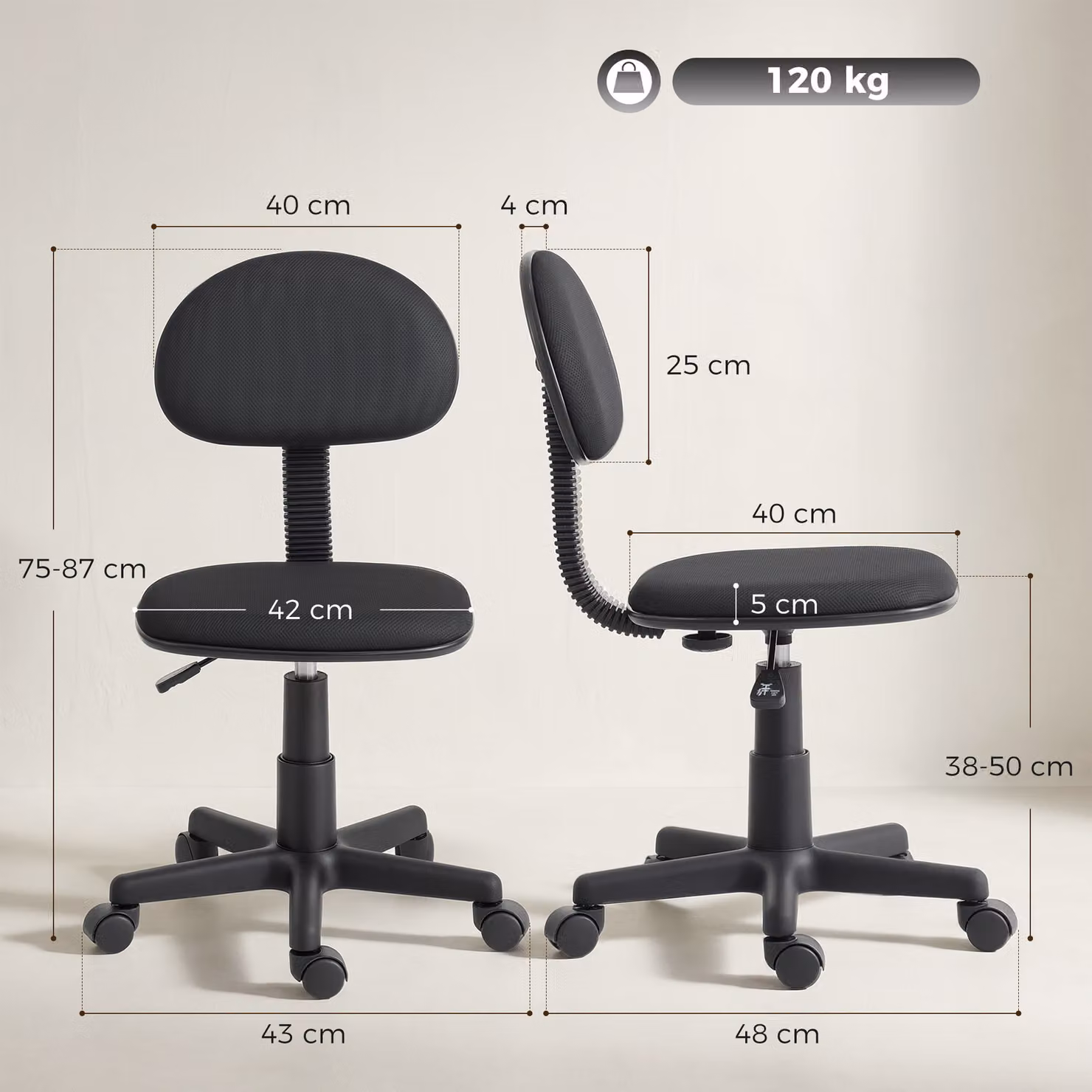 HOMCOM Minimalist Armless Task Chair in Black Fabric with 360 Degree Swivel and Castors – 3