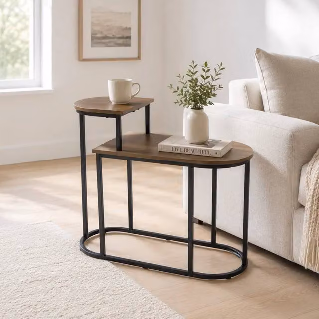 FORGEVIO Industrial 2 Tier Rustic Oak Finish Coffee Table with Metal Sled Base, Brown and Multicolour, W: 60 cm, D: 30 cm, H: 72 cm