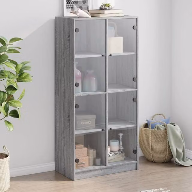Berkfield Home Modern Highboard with Glass Doors in Grey Sonoma, W/D/H: 68 x 37 x 142 cm