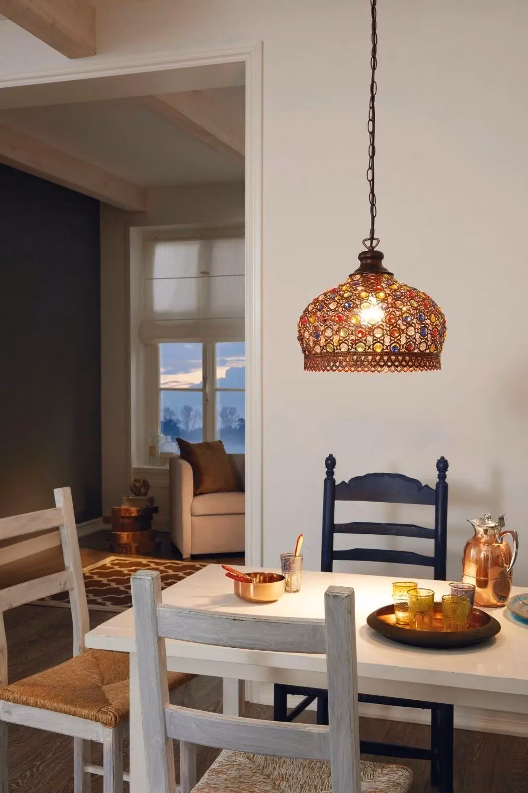 Loops Antique Copper and Multicolour Glass Hanging Ceiling Pendant Light with E27 Socket – 2