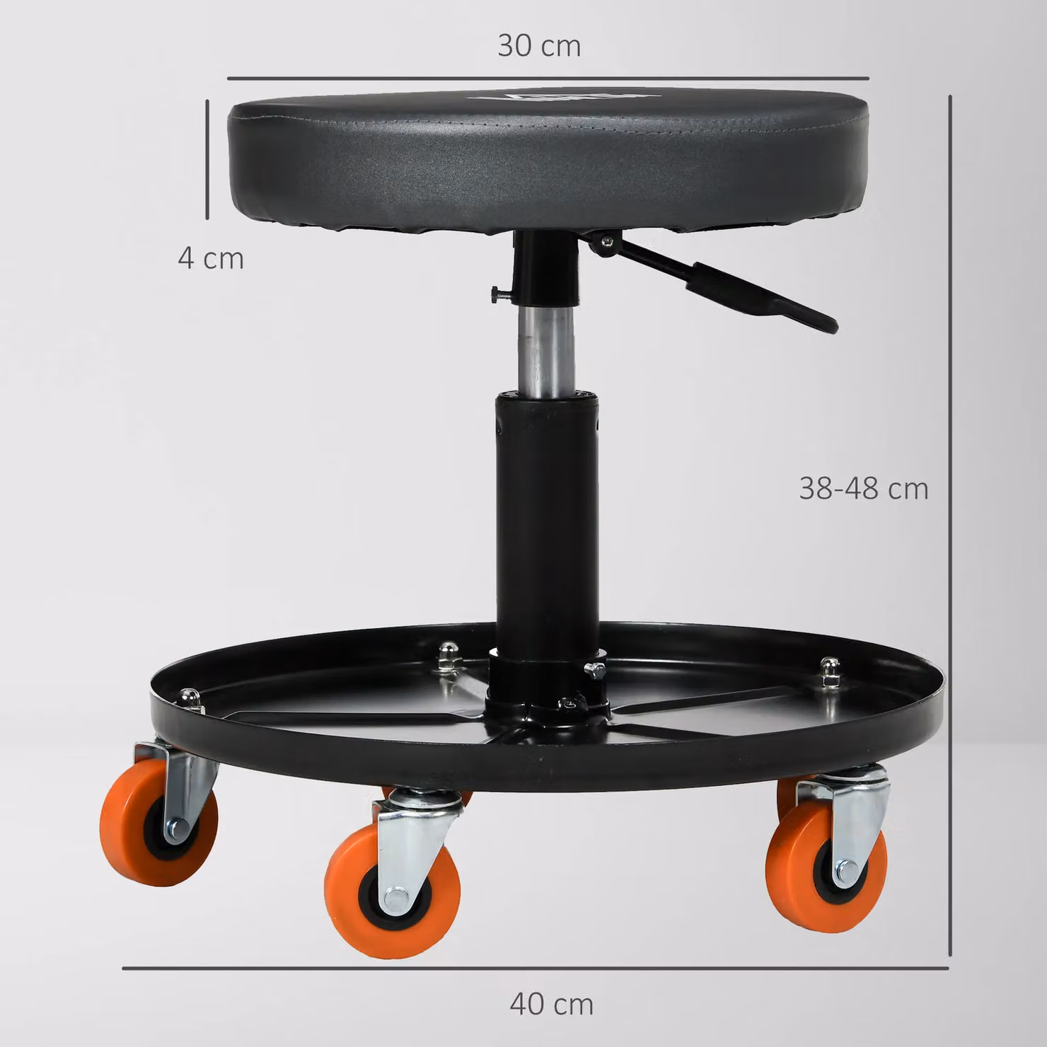 HOMCOM Black Workshop Stool with Pneumatic Adjustable Height, Rolling Castors and Tool Tray – 3