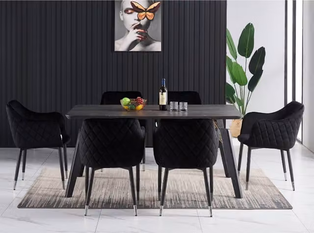 Life Interiors Verona Cosmo LUX Dining Set with Rectangular Black Table and 6 Black and Gold Velvet Chairs