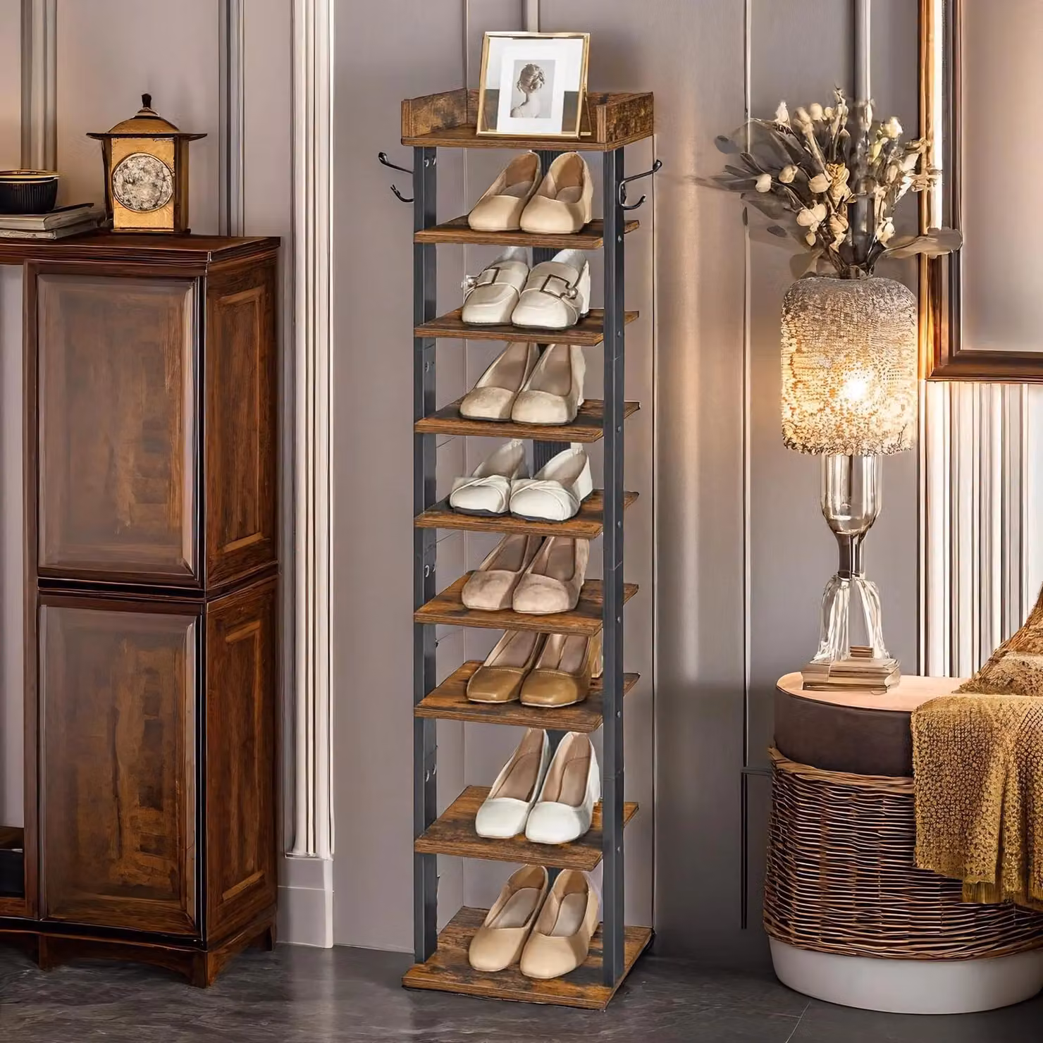 Rafaelo Mobilia 9 Tier Narrow Shoe Rack in Brown, H 132.5 x W 28.0 x D 28.0 cm – 3