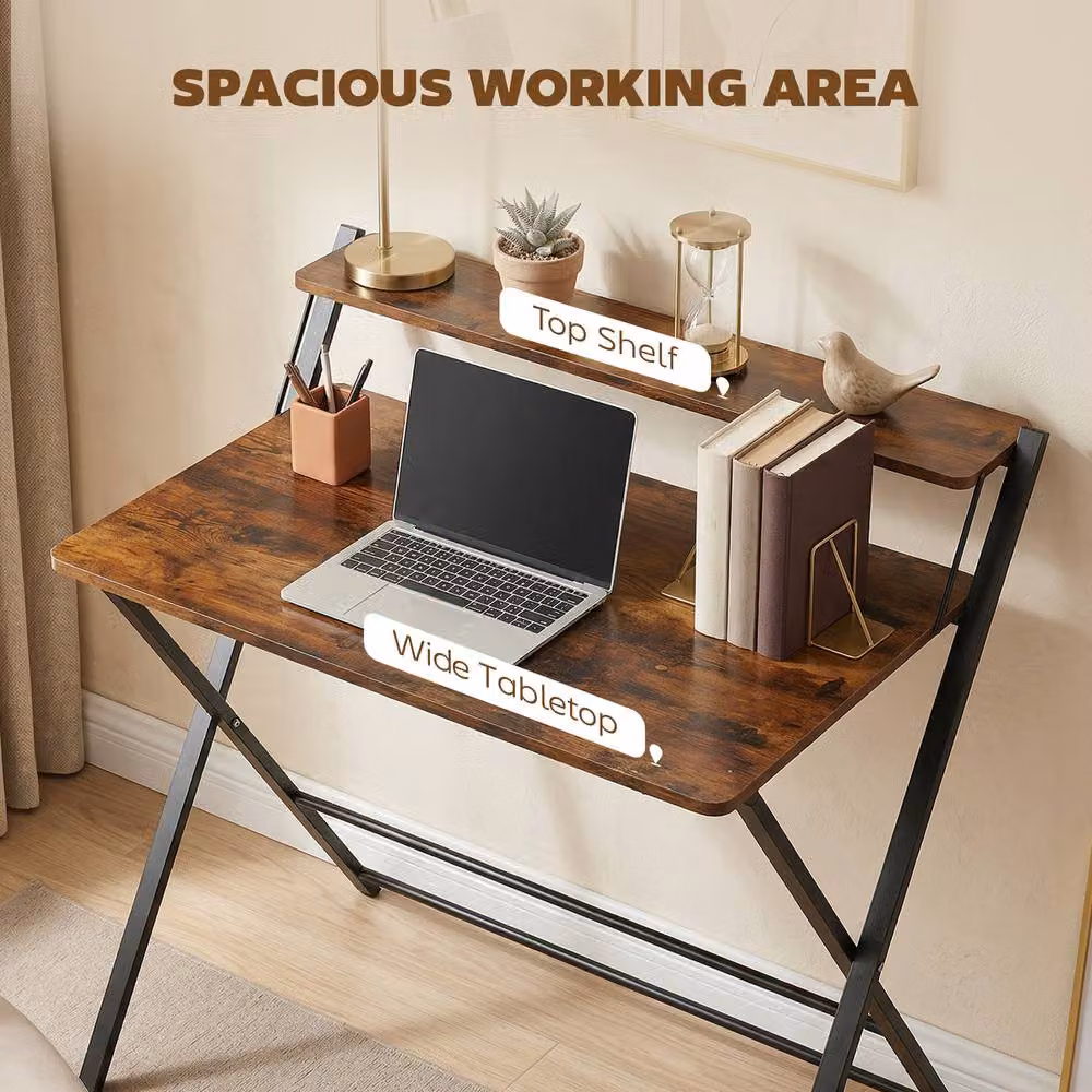 STILVORA Folding Desk with Shelf and Steel Frame, Rustic Brown – 4