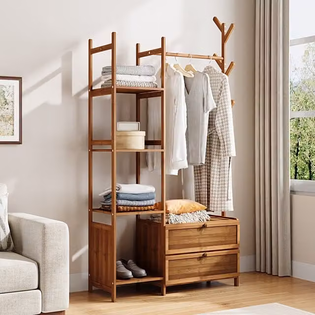 Livingandhome Minimalist Wooden Hall Tree with Bench and Dual Hook and Rail Matrix in Brown