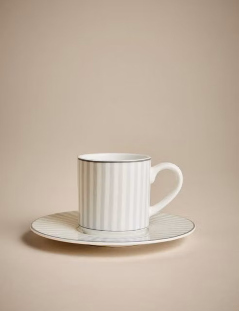 M&S Hampton Striped Grey Ceramic Espresso Cup and Saucer Set