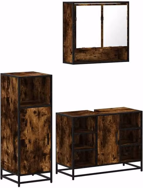 Berkfield Home 3 Piece Industrial Bathroom Furniture Set in Brown Smoked Oak – 1