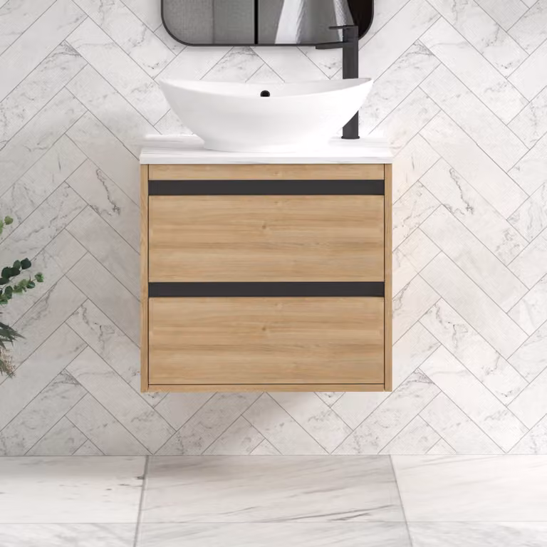 Royal Bathrooms Orion 800mm Natural Oak Wall Hung 2 Drawer Vanity Unit with Amaze Basin and Black Accent Trim
