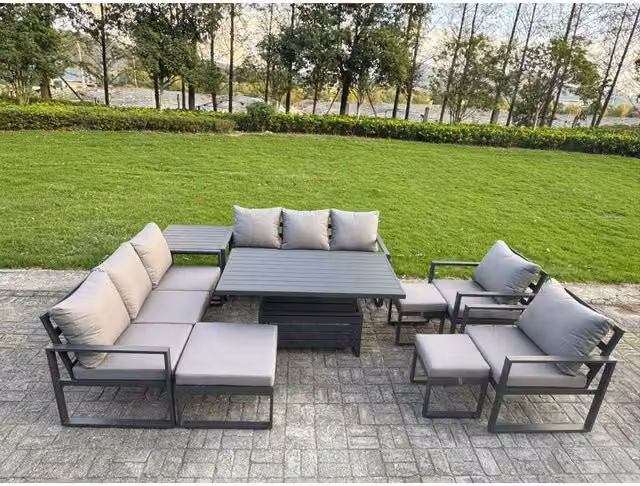Fimous 11-Seater Aluminium Dining Set with Height-Adjustable Lifting Table in Matt Dark Grey